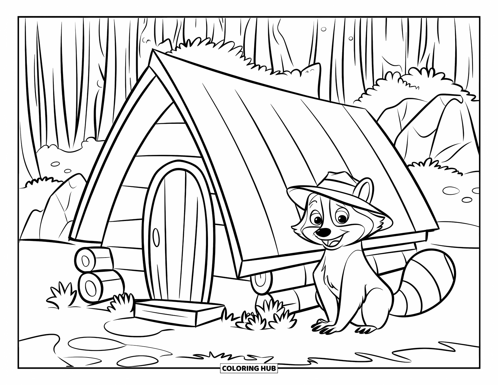 Raccoon Coloring Page for Kids: A raccoon in a hat smiles beside a forest cabin with rocks and trees