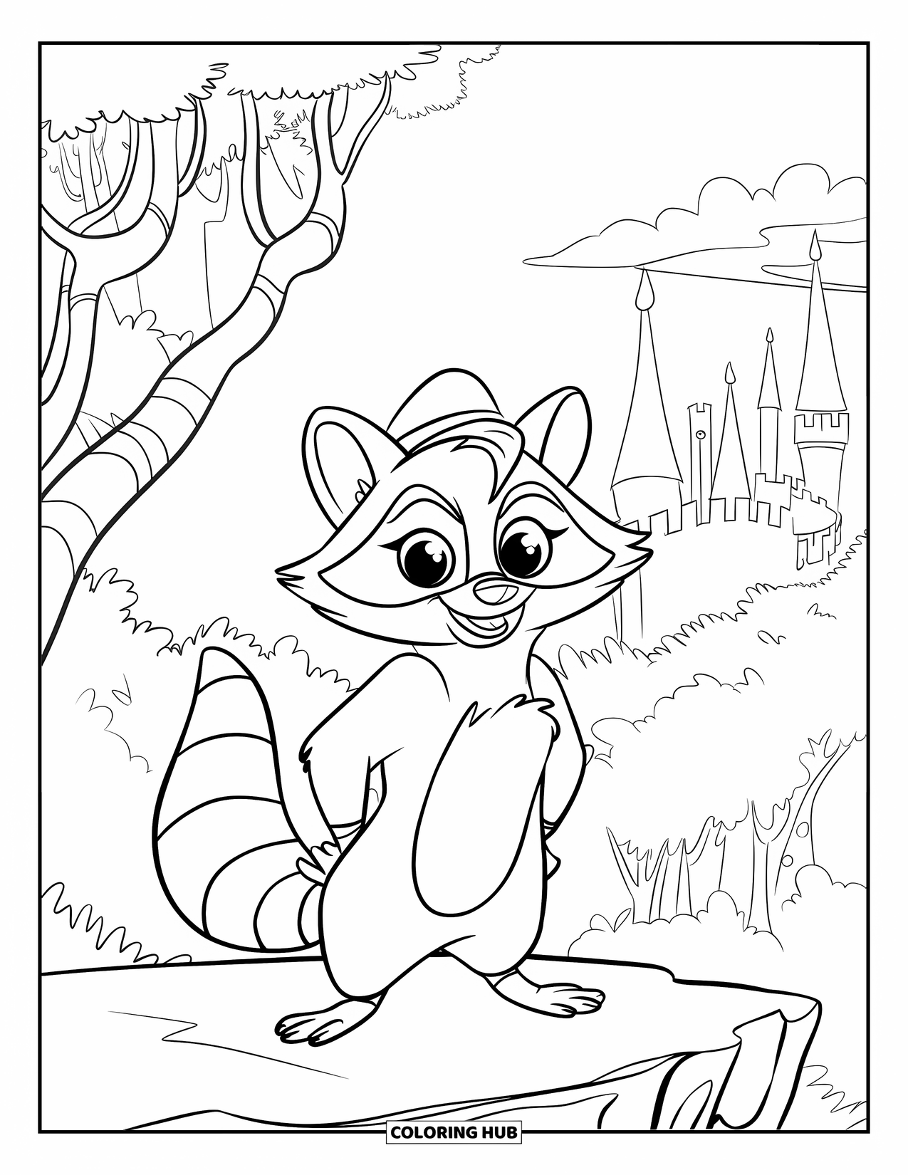 Raccoon Coloring Page for Kids: A raccoon in a hat stands proudly on a misty ledge near a distant castle