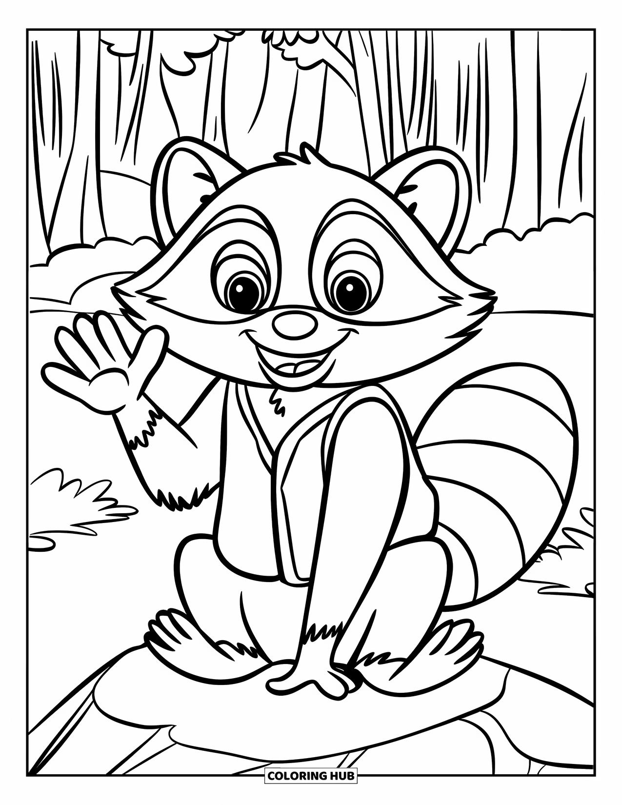 Raccoon Coloring Page for Kids: A raccoon in a vest waves happily from a rock in the forest