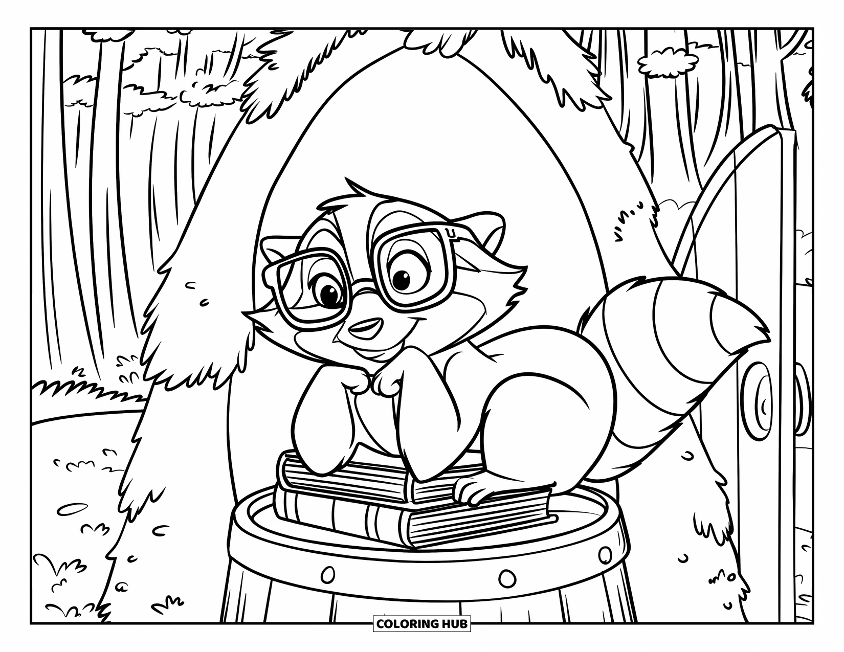 Raccoon Coloring Page for Kids: A raccoon lounges on books in a cozy forest nook wearing glasses