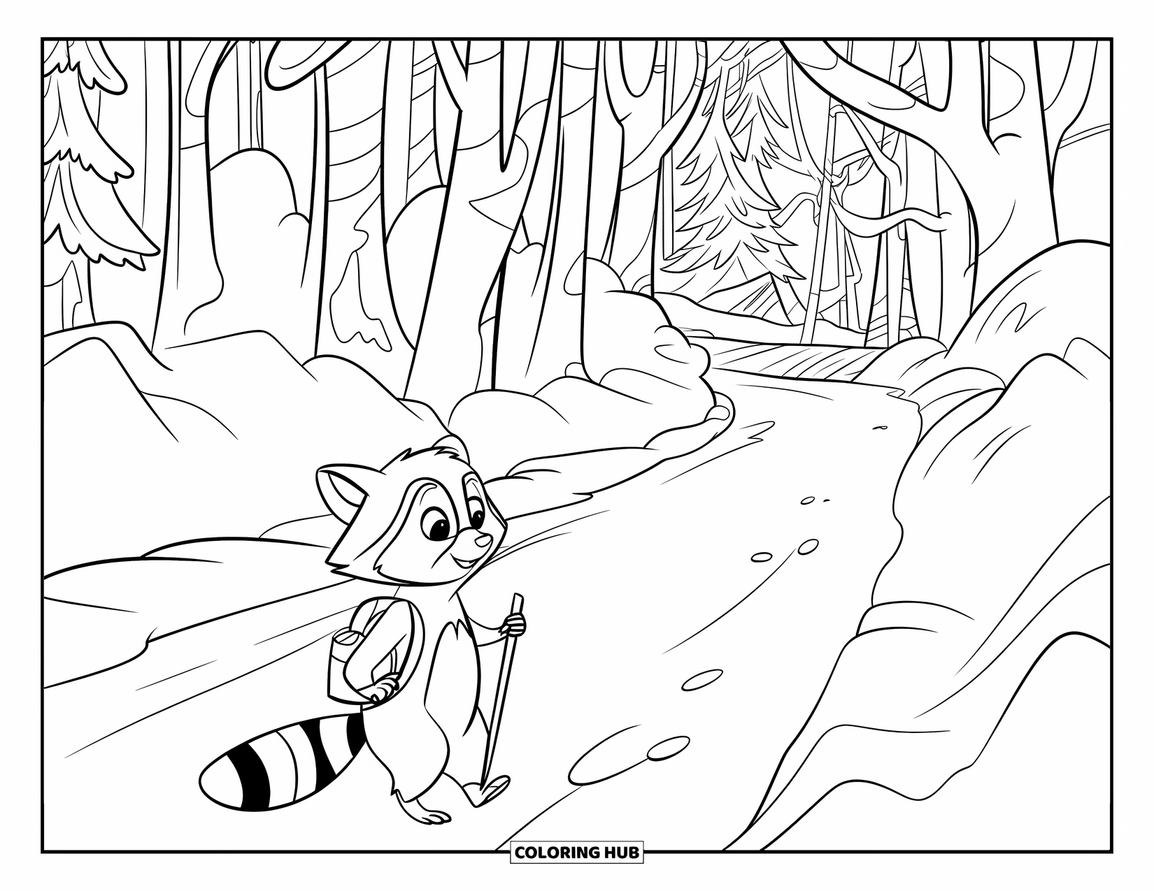 Raccoon Coloring Page for Kids: A raccoon with a backpack walks through snowy woods past a distant bridge