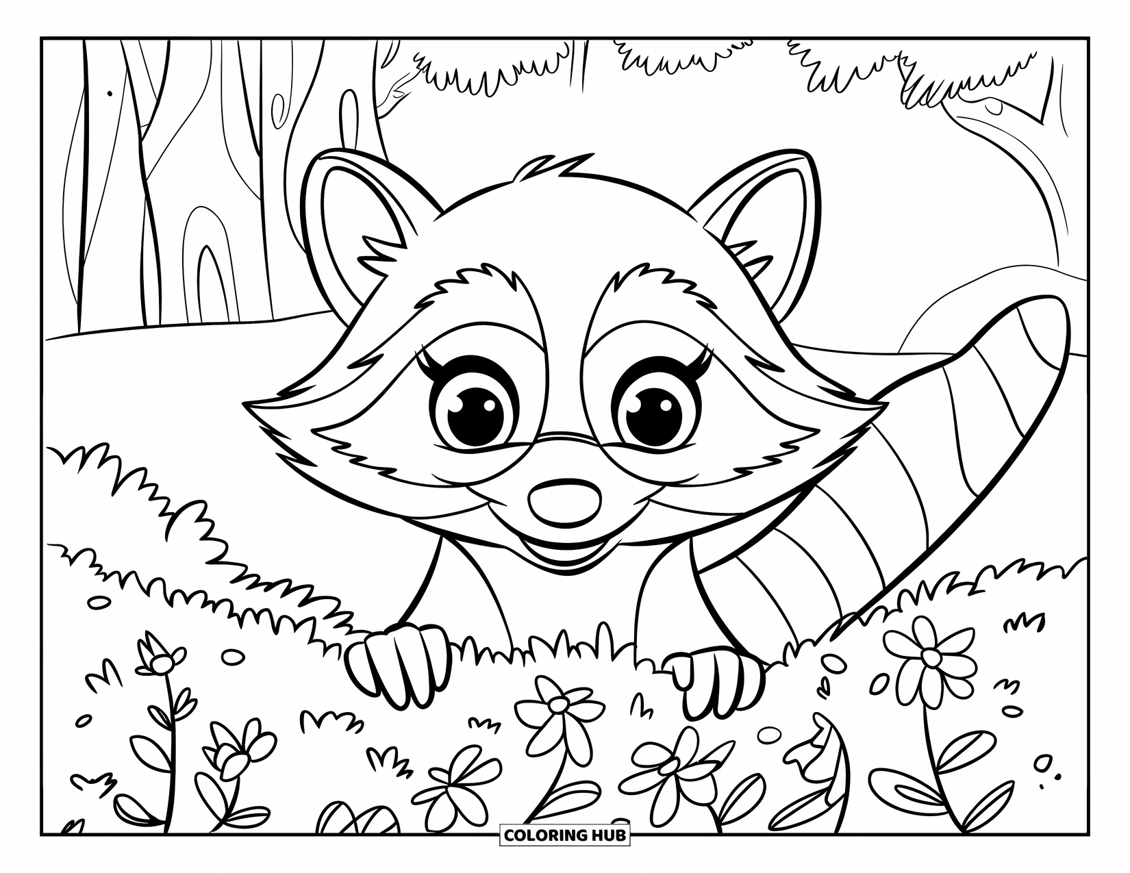 Raccoon Coloring Page for Kids: A raccoon with big eyes hides behind flower-filled bushes in a green forest