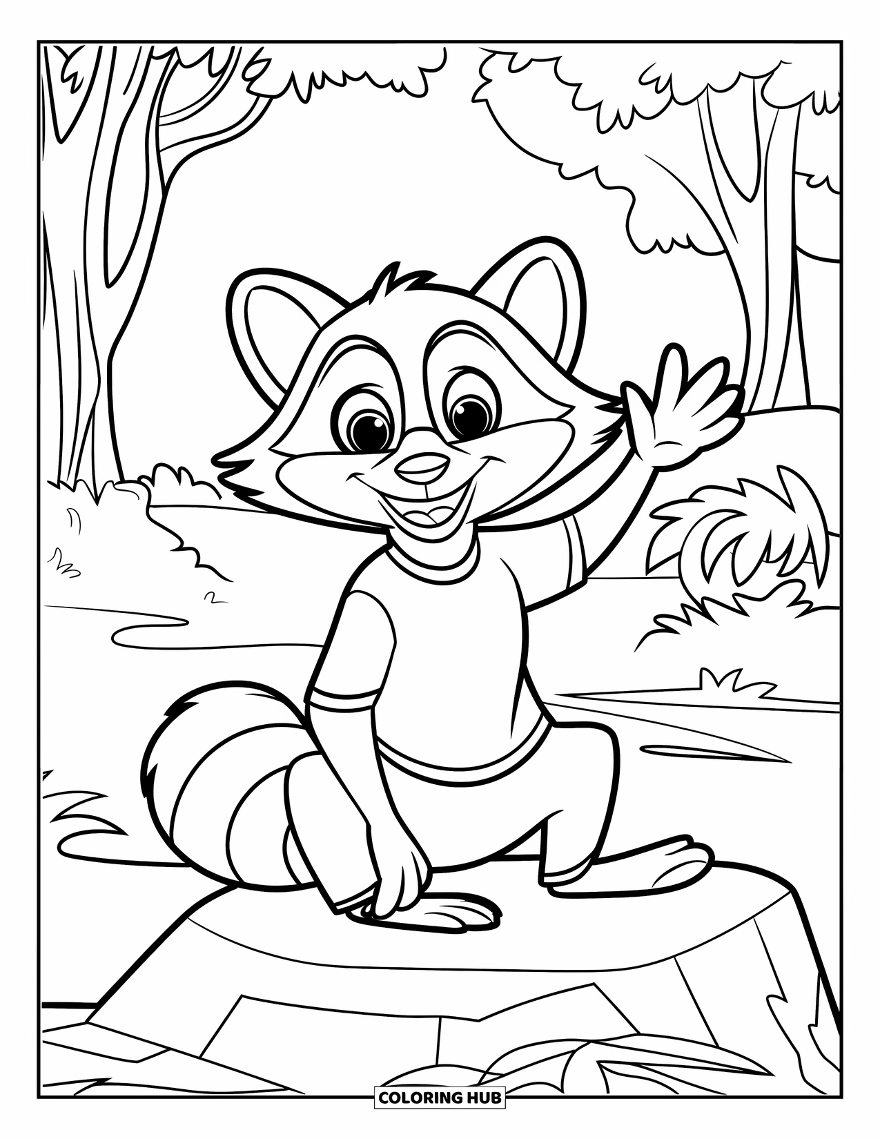 Raccoon Coloring Page for Kids: A smiling raccoon in a red shirt waves from a rock in the forest