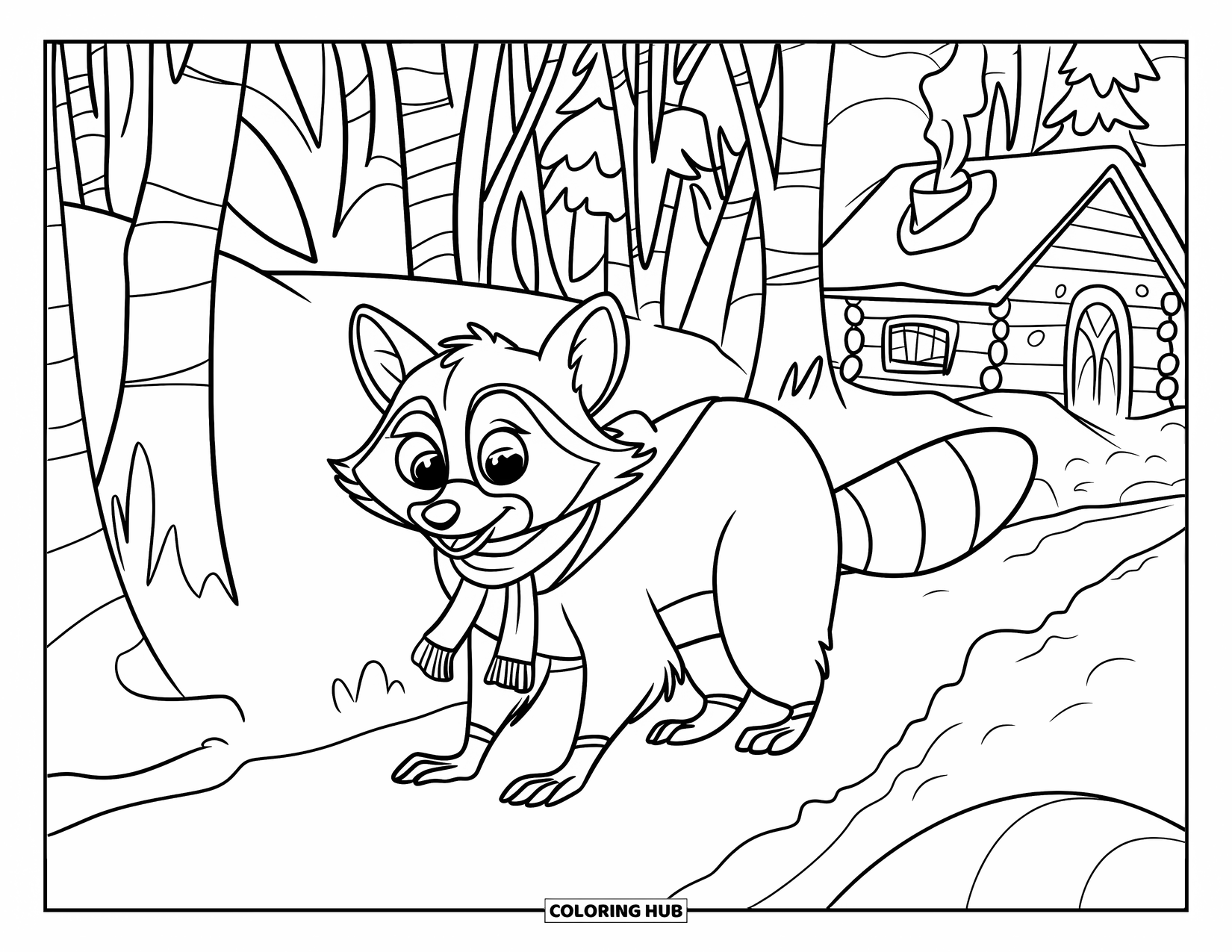Raccoon Coloring Page for Kids: A smiling raccoon in a scarf explores a snowy forest near a cozy cabin