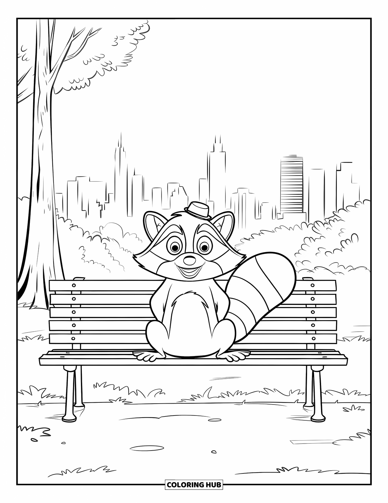 Raccoon Coloring Page for Kids: A tiny-hatted raccoon relaxes on a bench with buildings in the distance