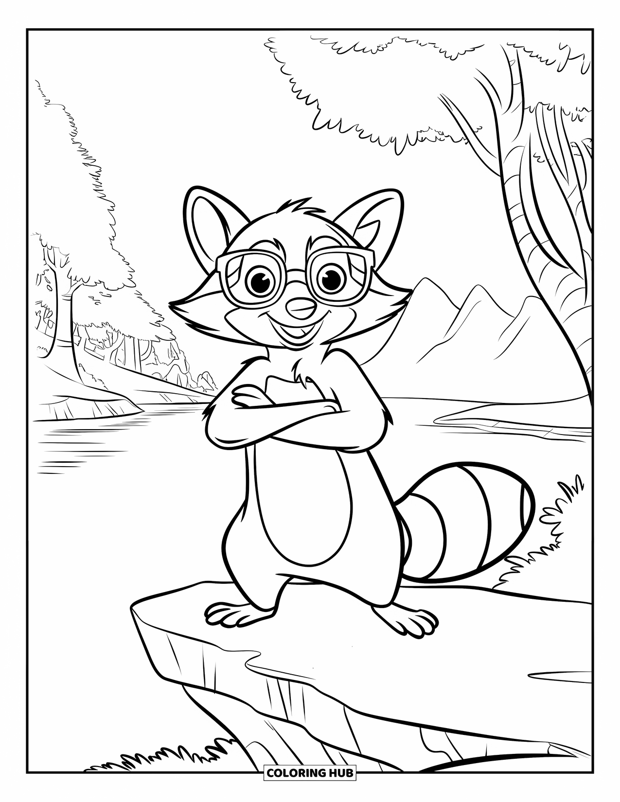 Raccoon Coloring Page for Kids: A wise raccoon in glasses overlooks a forest and lake from a rocky ledge
