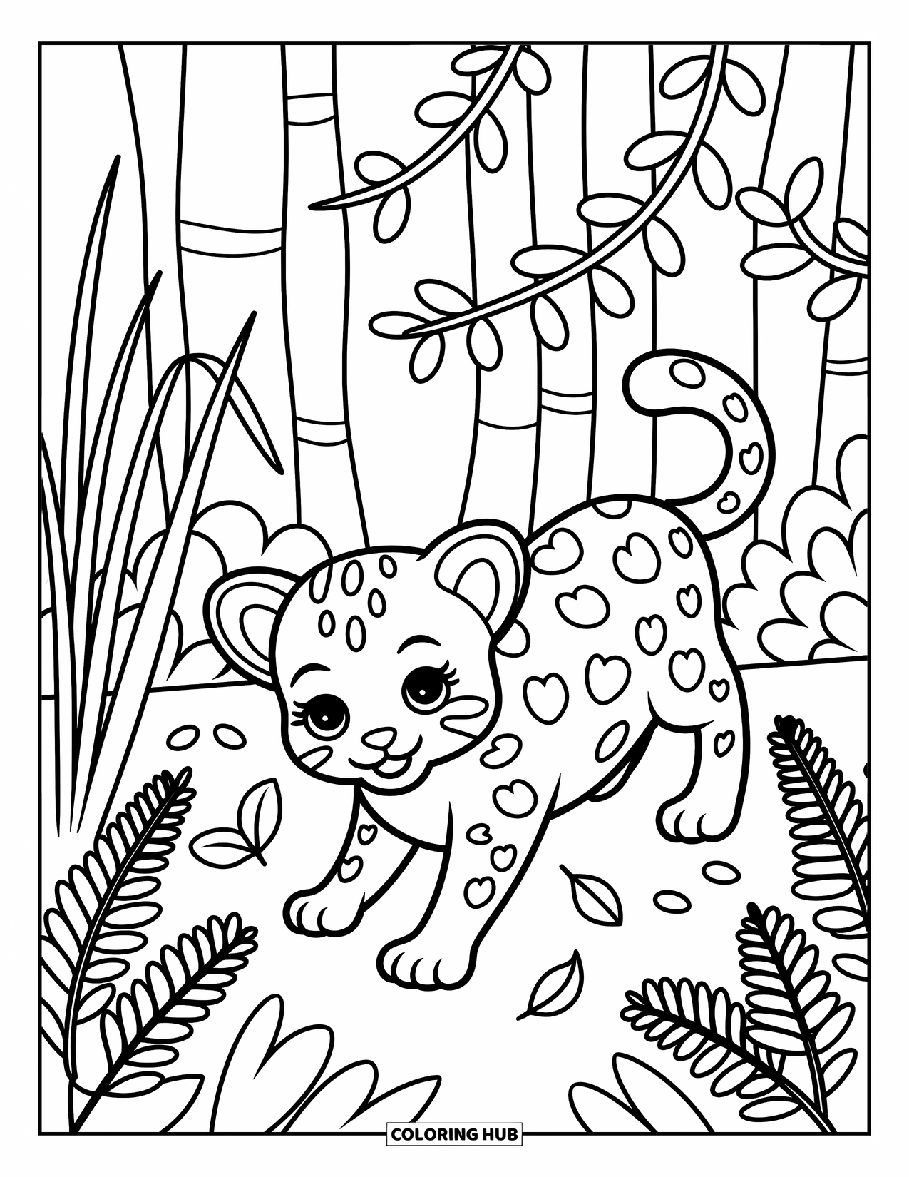 Rainforest Animals Coloring Page for Adults: A baby jaguar walks through curling leaves, its eyes wide with wonder