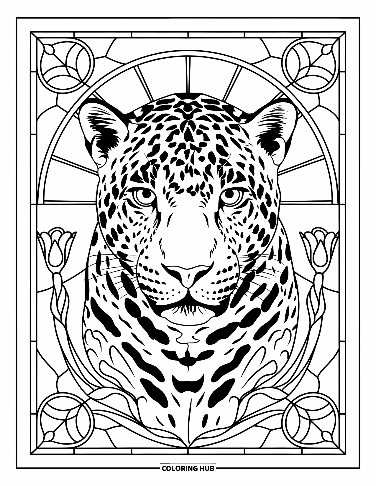 Rainforest Animals Coloring Page for Adults: A bold jaguar stares forward, surrounded by mirrored florals and stained glass accents