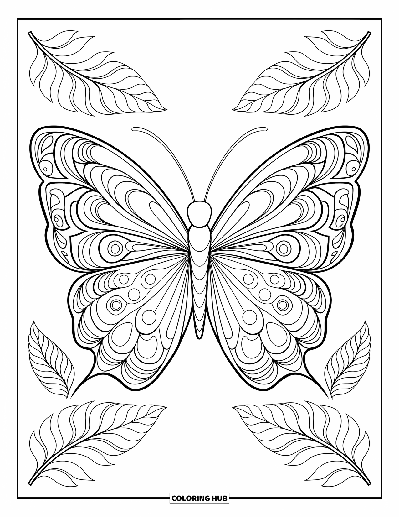 Rainforest Animals Coloring Page for Adults: A butterfly looks forward, surrounded by mirrored rainforest leaves and mandala-style petals