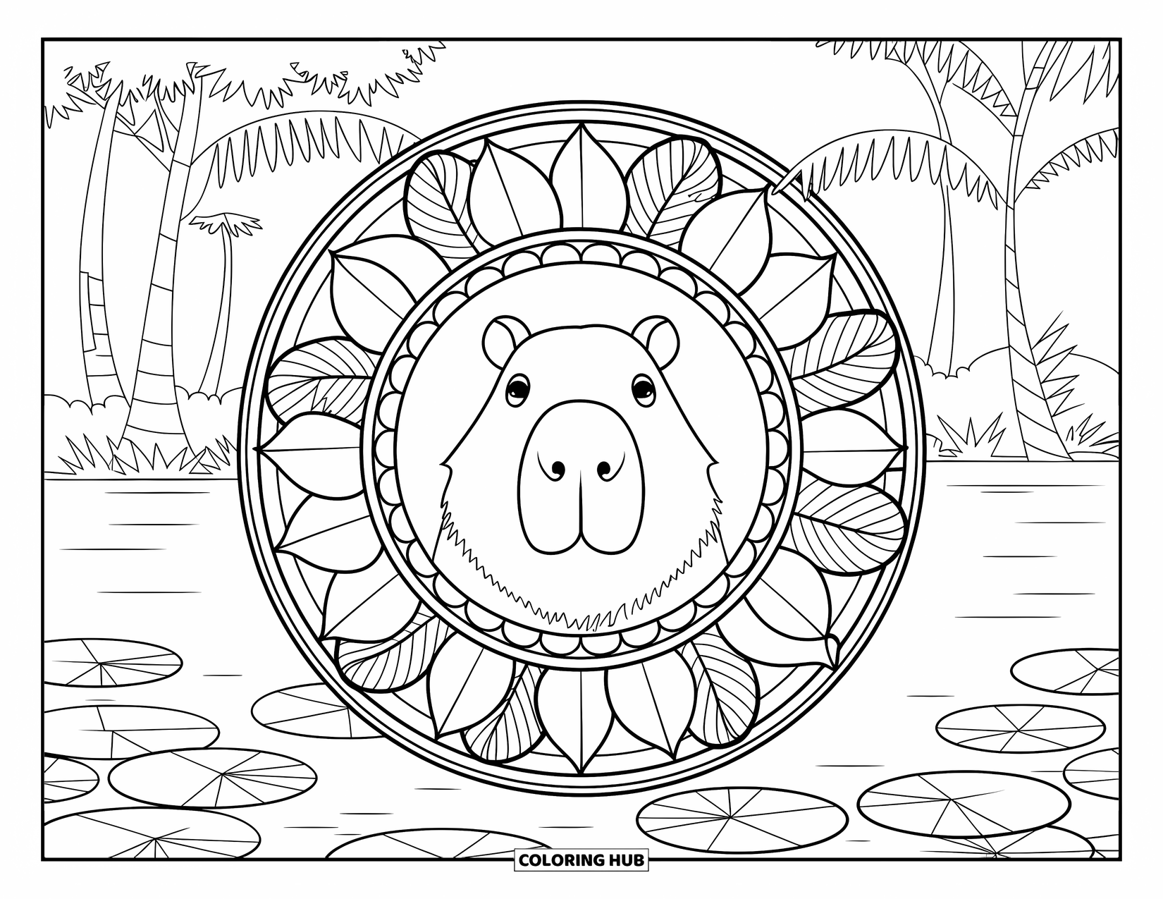 Rainforest Animals Coloring Page for Adults: A capybara with gentle eyes sits in the center of a rainforest-themed circular mandala