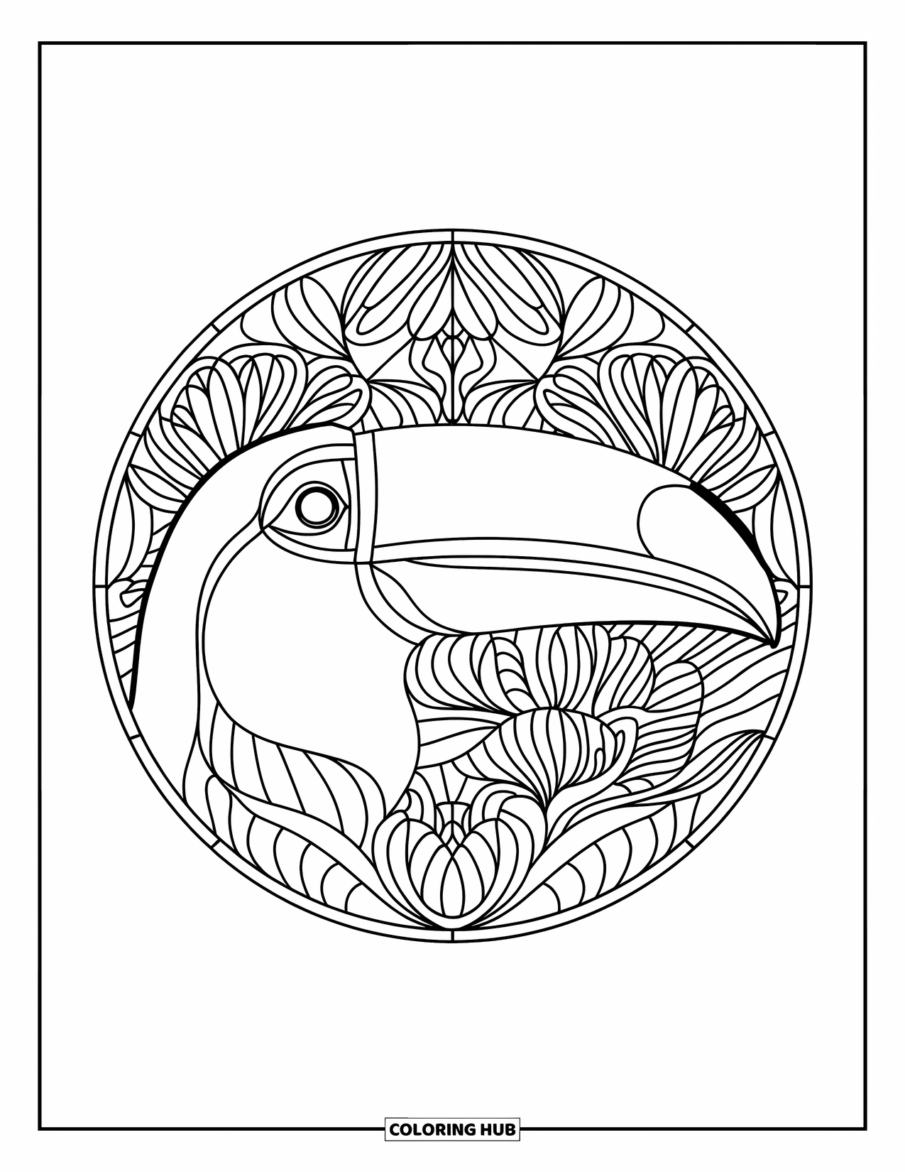 Rainforest Animals Coloring Page for Adults: A close-up of a toucan's beak and eye framed by tropical flowers in a circle