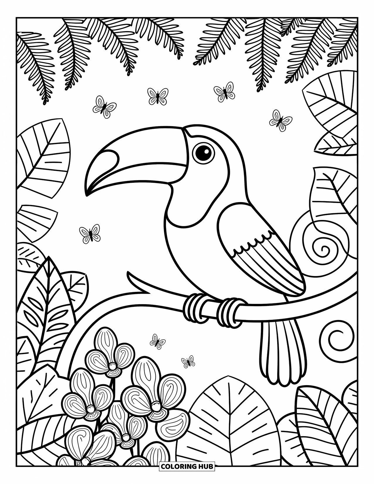 Rainforest Animals Coloring Page for Adults: A colorful-beaked toucan perches in orchids as vines and butterflies fill the air