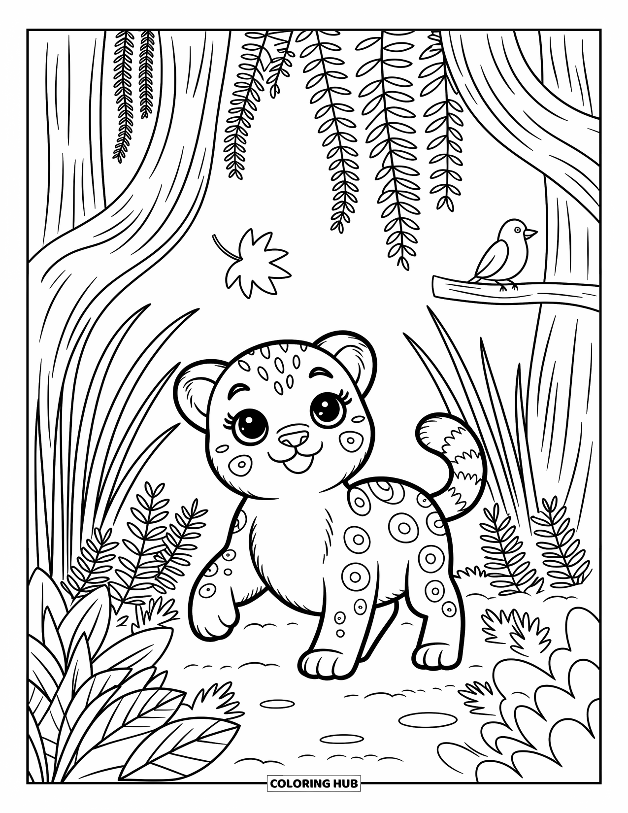 Rainforest Animals Coloring Page for Adults: A curious cub watches a falling leaf as a bird perches quietly behind it