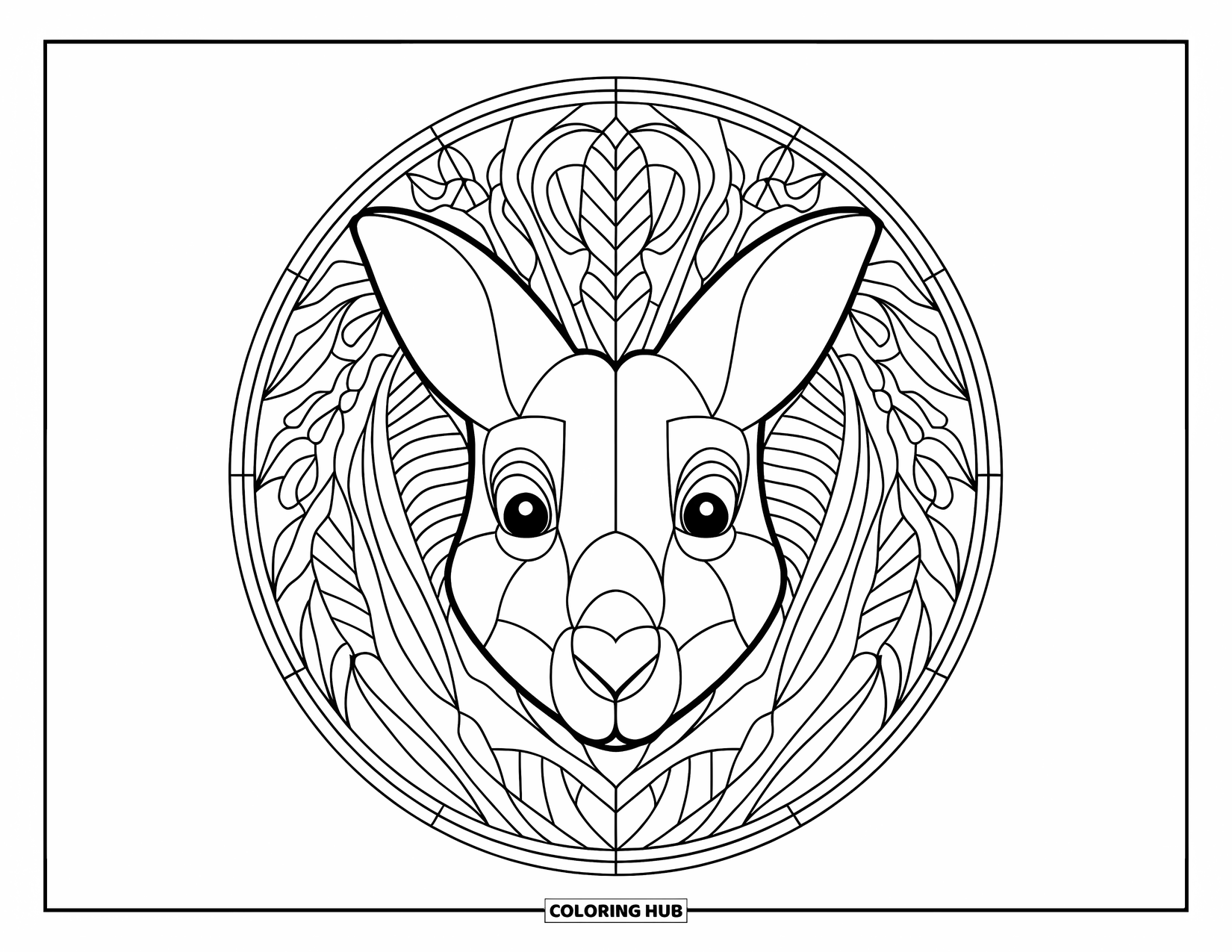 Rainforest Animals Coloring Page for Adults: A curious tree kangaroo looks ahead, surrounded by rainforest leaves in a round frame