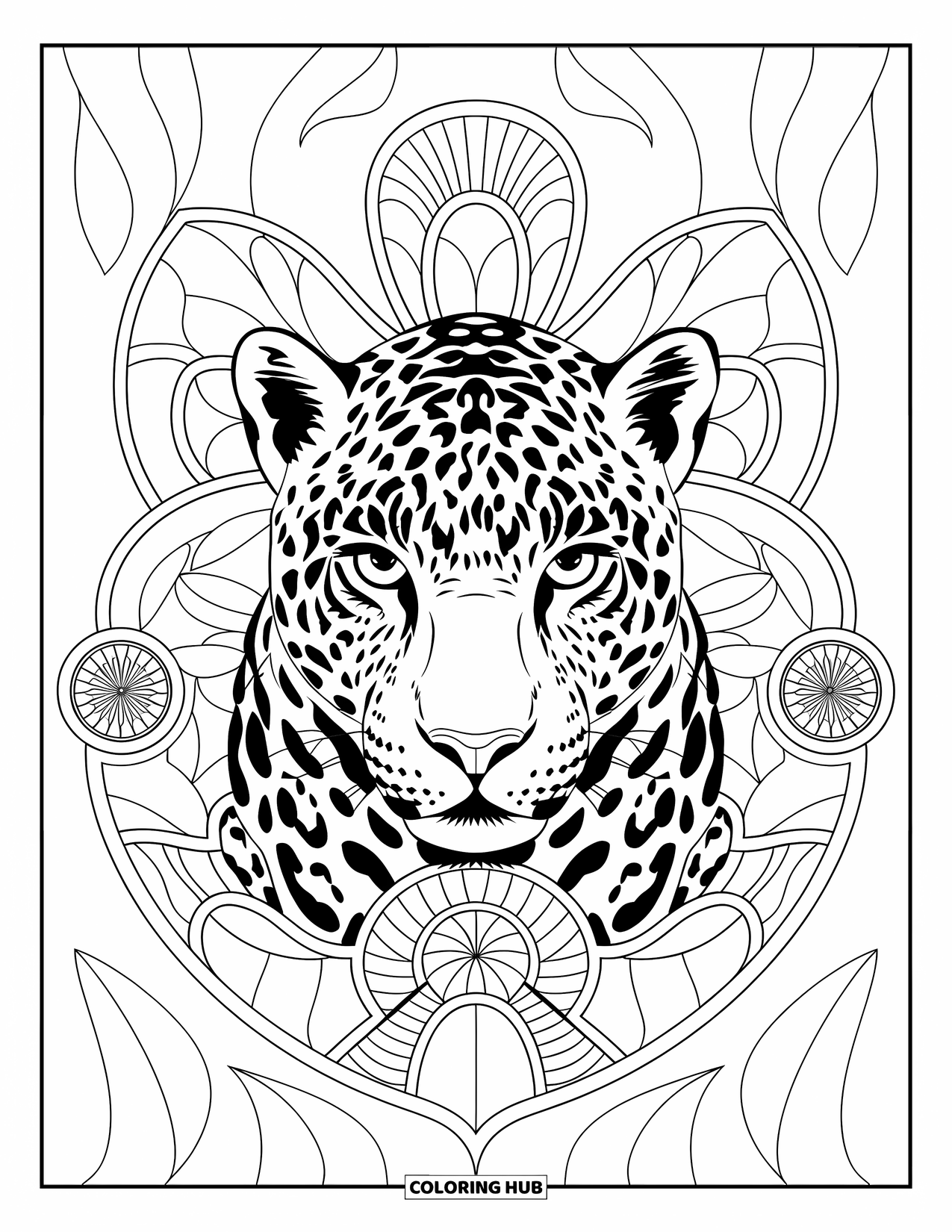 Rainforest Animals Coloring Page for Adults: A jaguar's intense eyes shine through a frame of bold, mirrored jungle florals