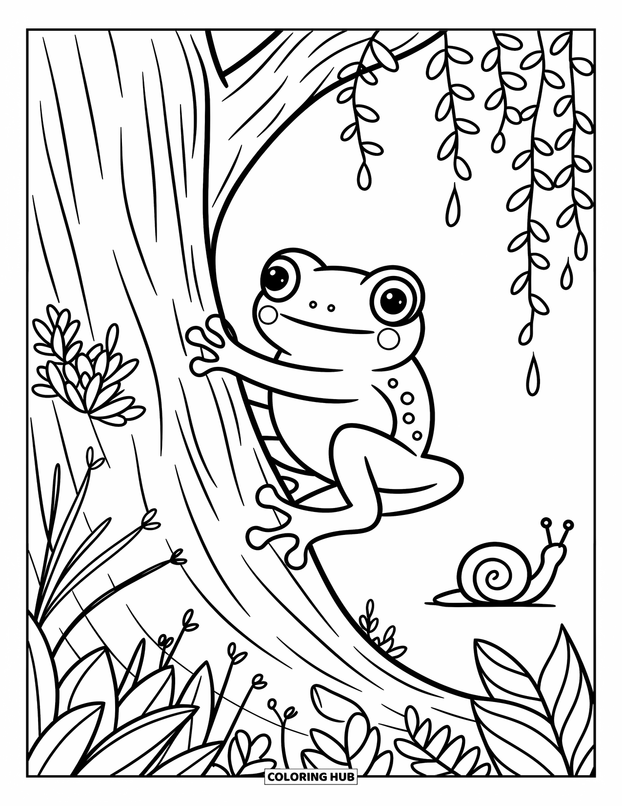 Rainforest Animals Coloring Page for Adults: A little frog hugs a tree as rain-kissed leaves and a snail share the space