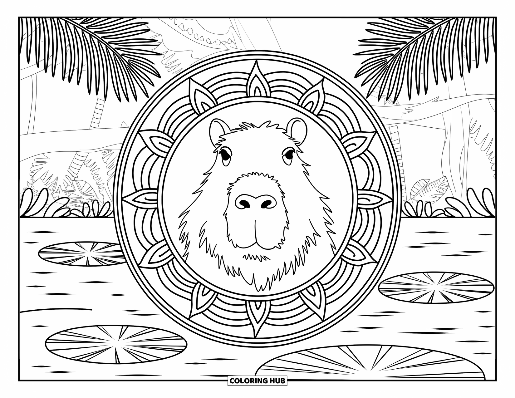Rainforest Animals Coloring Page for Adults: A peaceful capybara rests at the center of a rainforest mandala with lily pads