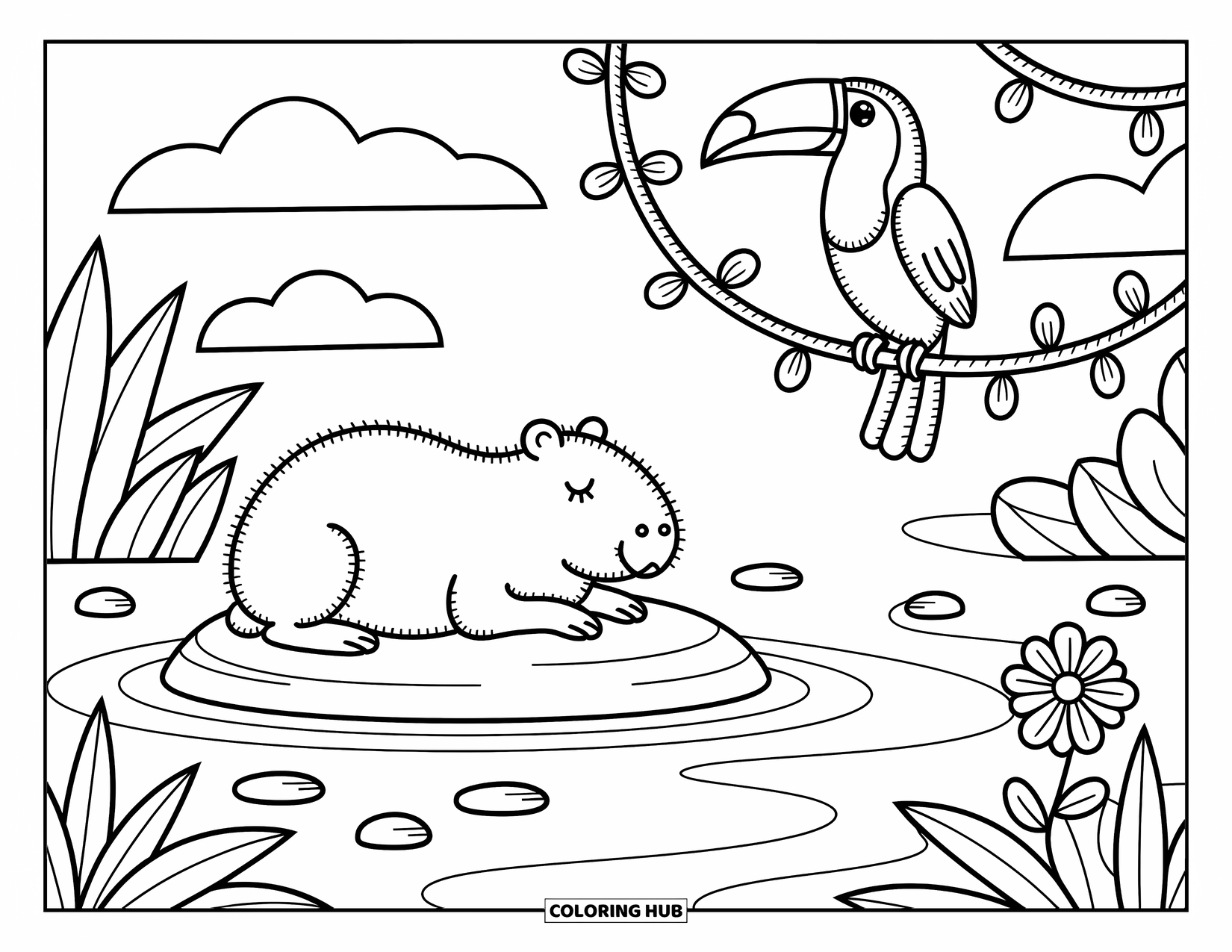 Rainforest Animals Coloring Page for Adults: A peaceful capybara rests by a river as a toucan watches from above