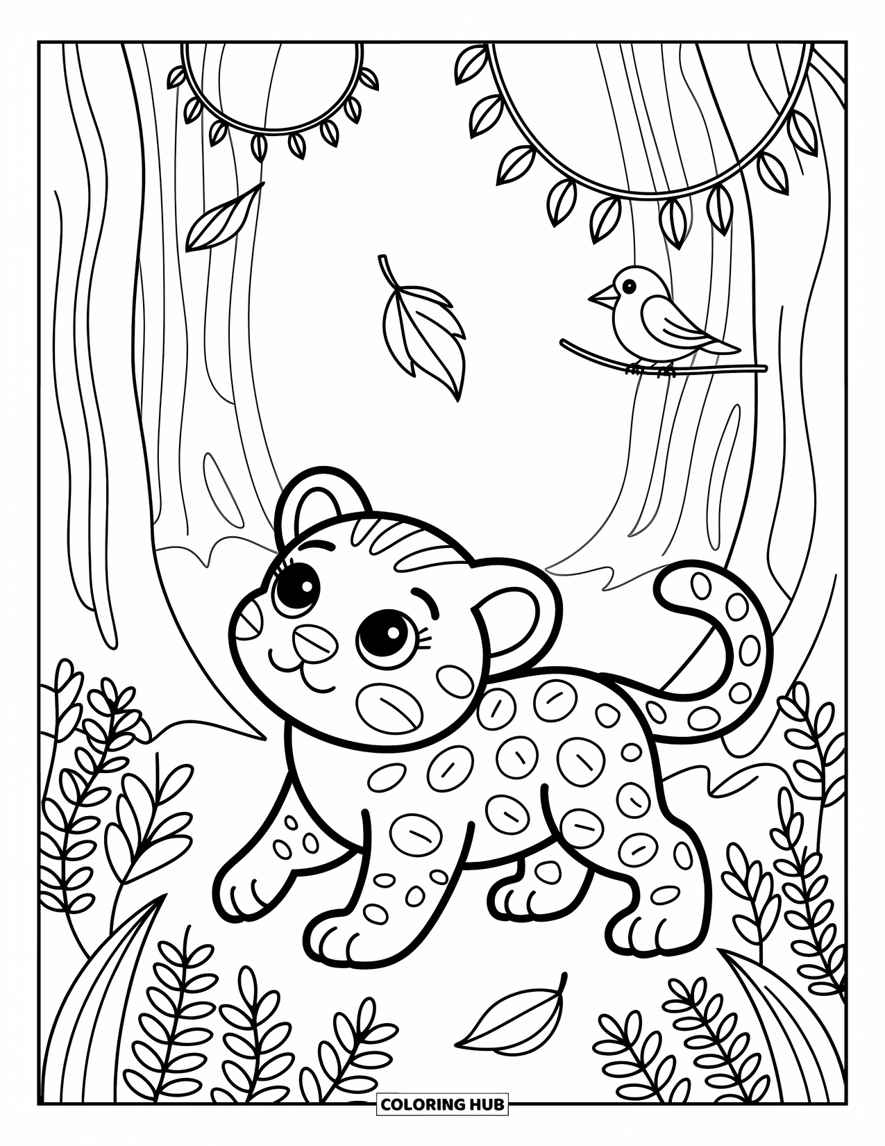 Rainforest Animals Coloring Page for Adults: A playful jaguar cub explores tall grass while a leaf falls gently from above