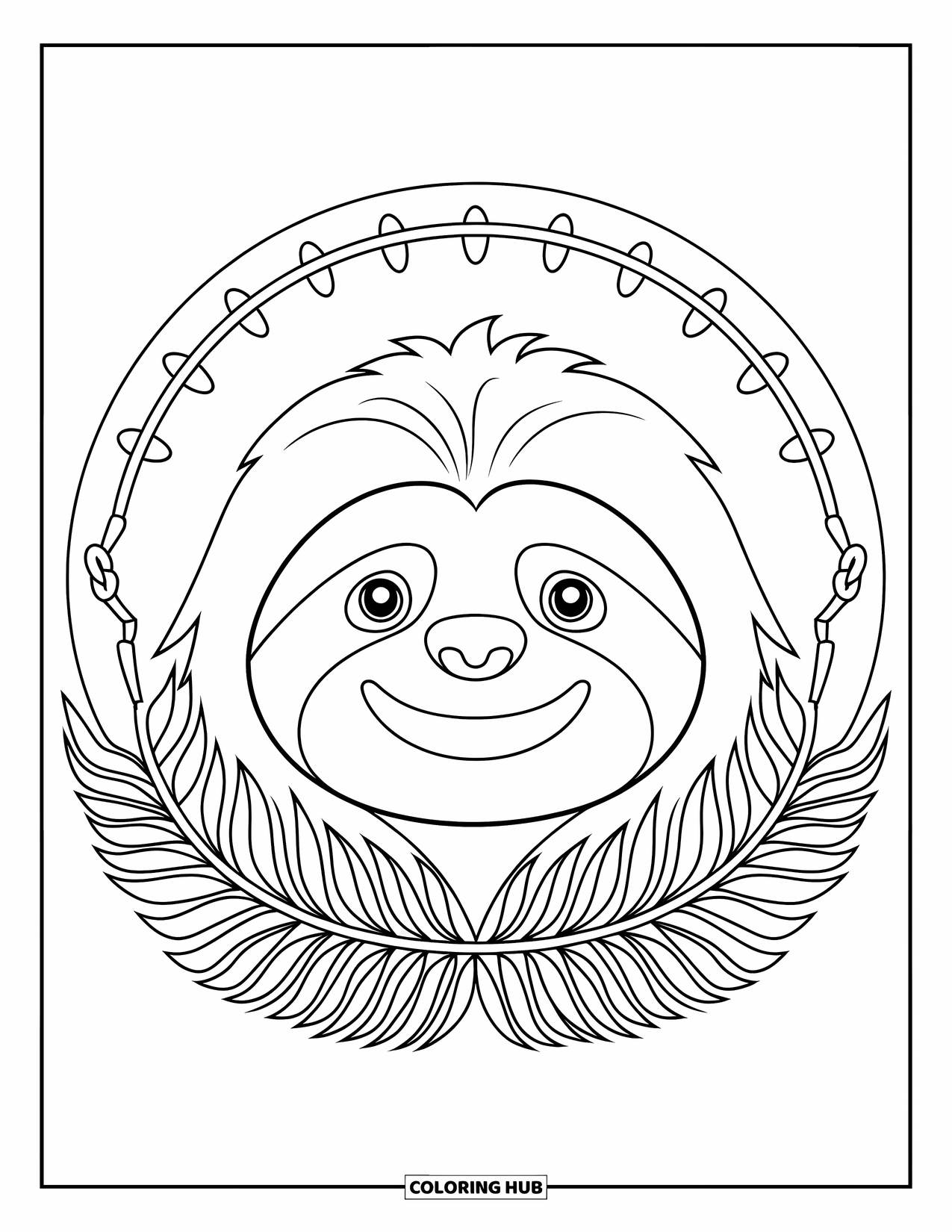 Rainforest Animals Coloring Page for Adults: A sloth with sleepy eyes rests at the center of mandala vines and leaves