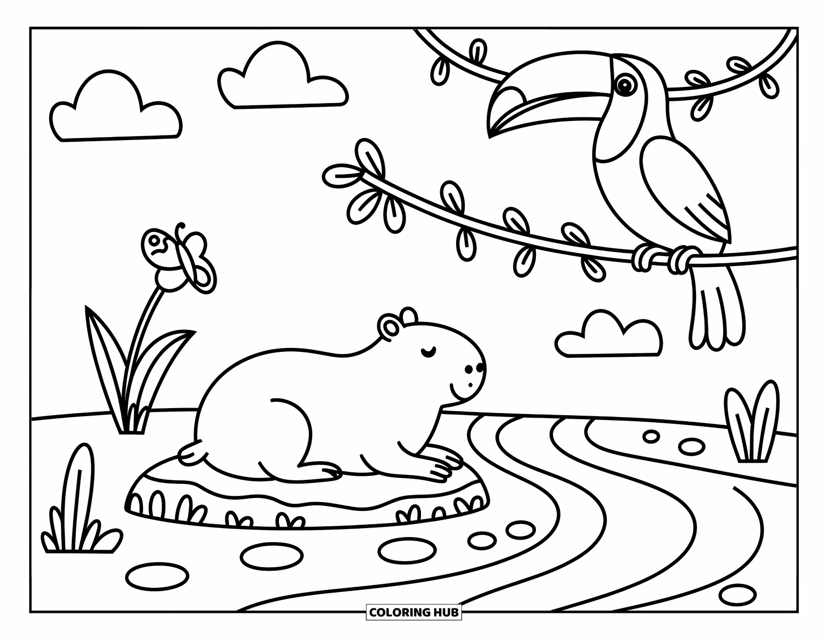 Rainforest Animals Coloring Page for Adults: A toucan and butterfly keep quiet company with a capybara beside the river