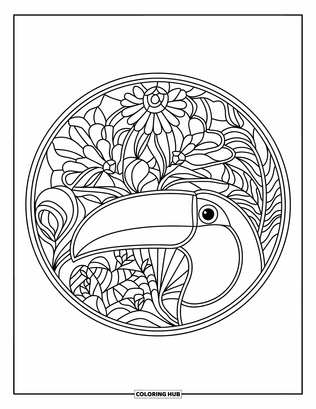 Rainforest Animals Coloring Page for Adults: A toucan's face is centered in a circular frame of rainforest blossoms and vines