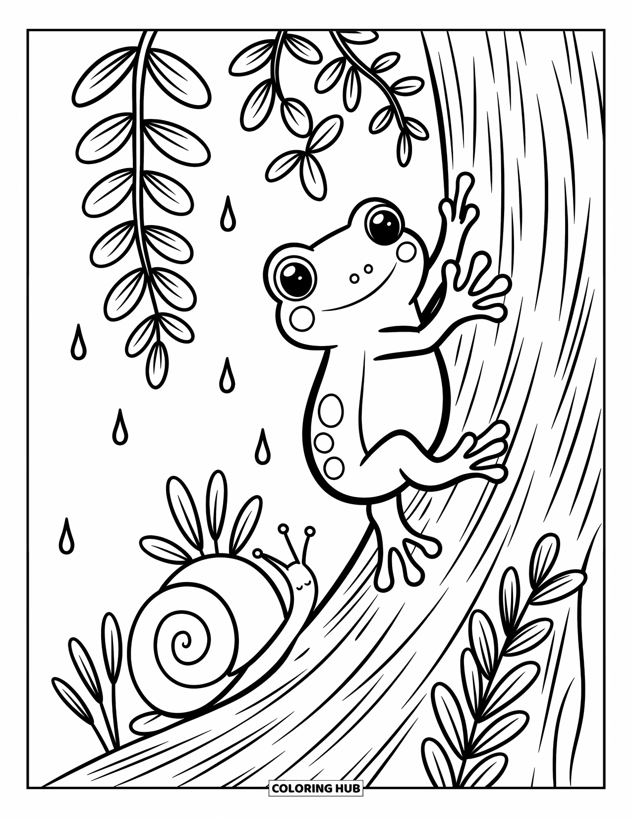 Rainforest Animals Coloring Page for Adults: A tree frog clings high on mossy bark with epiphytes, rain drops, and a snail