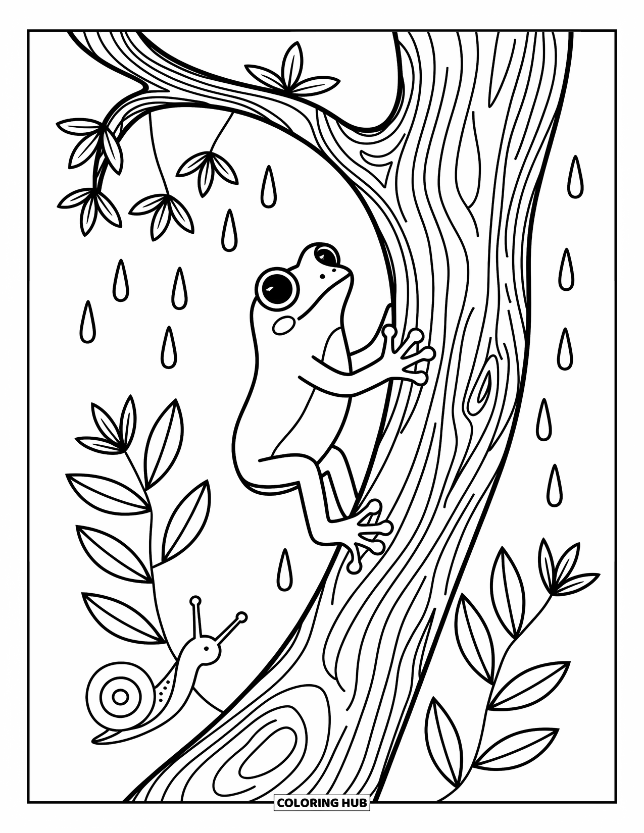 Rainforest Animals Coloring Page for Adults: A tree frog holds tight to the trunk while leaves and a snail add charm