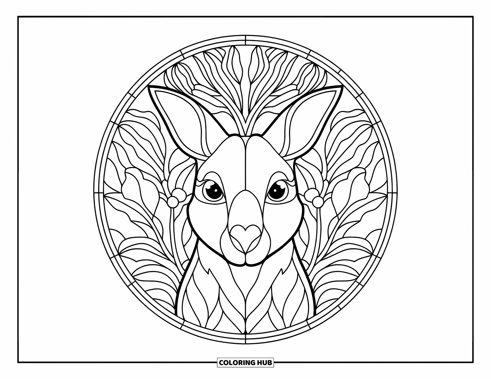 Rainforest Animals Coloring Page for Adults: A tree kangaroo gazes forward, framed by rainforest plants in a stained glass circle