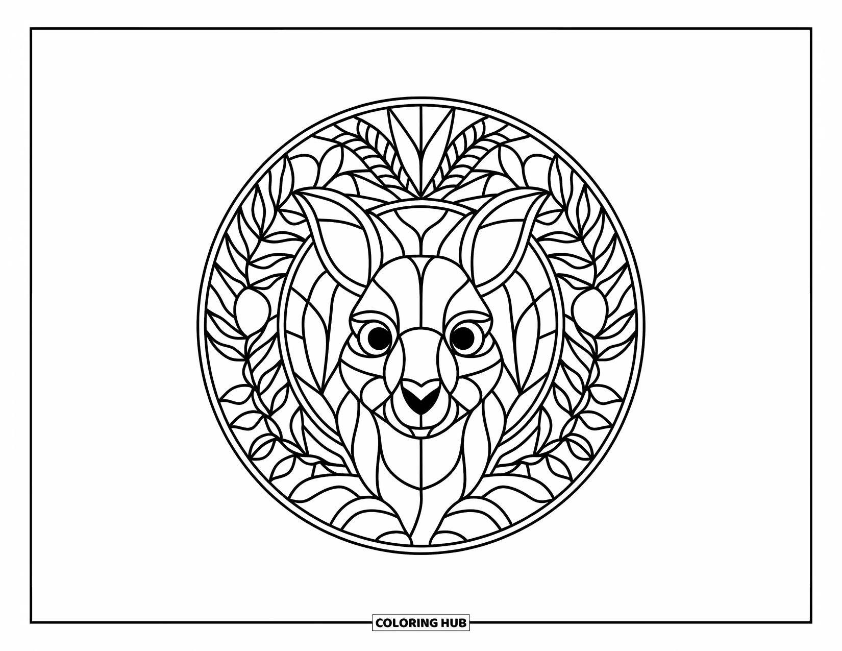 Rainforest Animals Coloring Page for Adults: A tree kangaroo peeks out from a circular frame of rainforest leaves and patterns