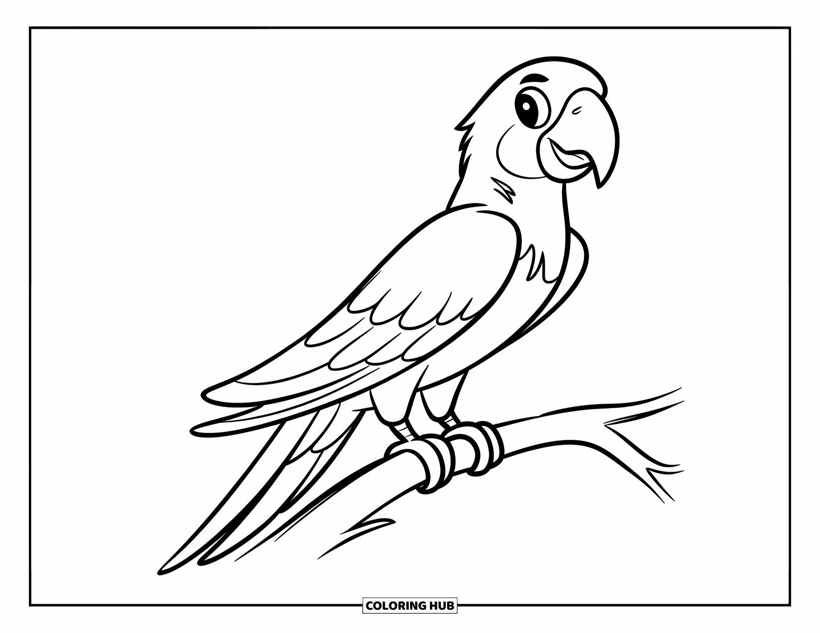 Rainforest Animals Coloring Page for Kids: A calm parrot perches with wings tucked, watching the world