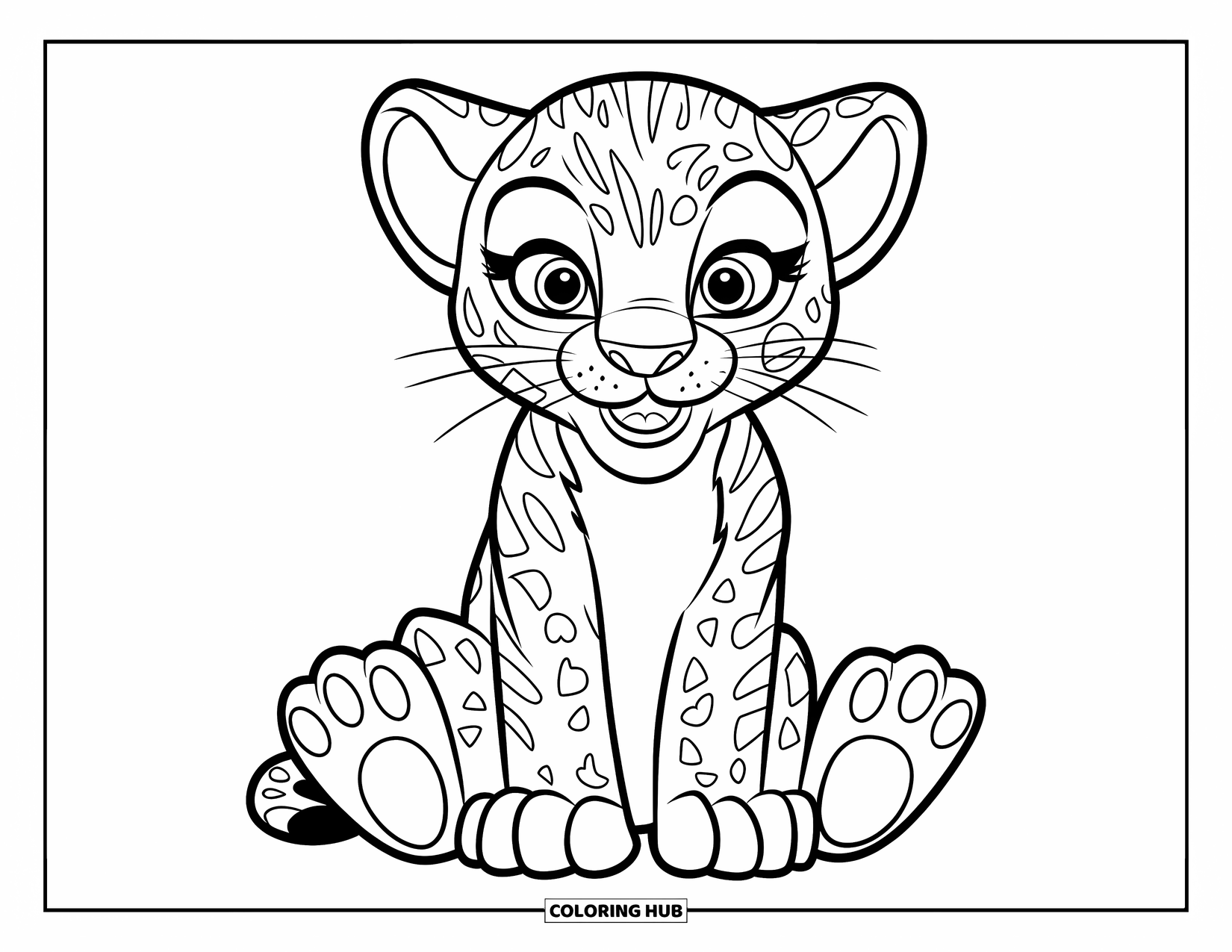 Rainforest Animals Coloring Page for Kids: A cheerful jaguar cub looks up with curiosity and a grin