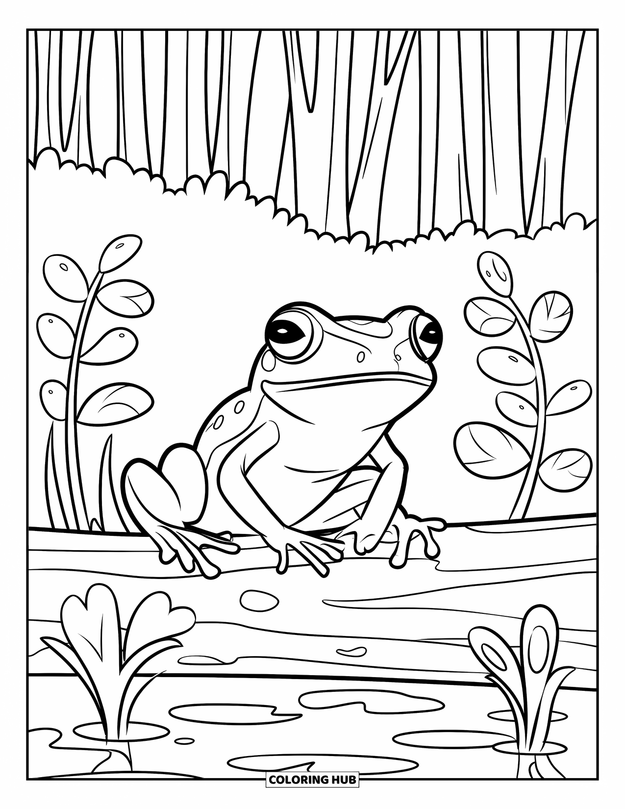 Rainforest Animals Coloring Page for Kids: A cute frog with big eyes sits on a log in the rainforest