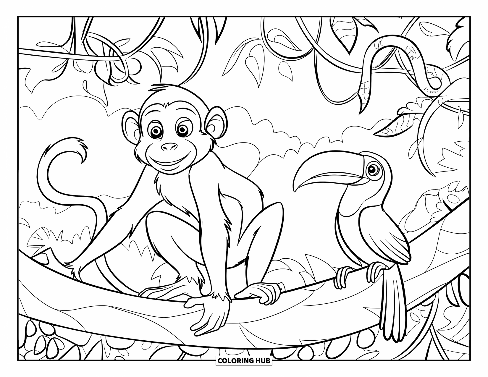 Rainforest Animals Coloring Page for Kids: A monkey and toucan rest on a branch while a snake peeks from the leaves