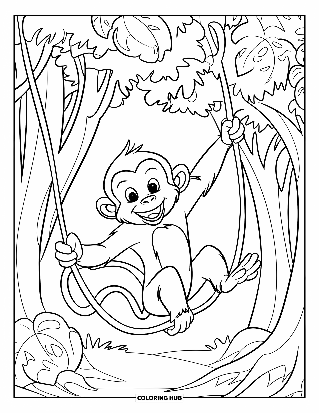 Rainforest Animals Coloring Page for Kids: A monkey swings joyfully between the trees with vines trailing behind