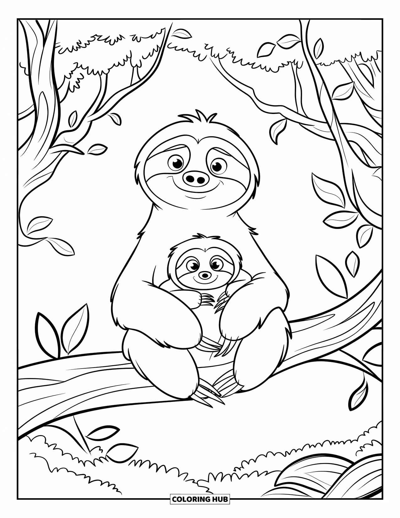 Rainforest Animals Coloring Page for Kids: A mother sloth cuddles her baby as they sit calmly on a branch