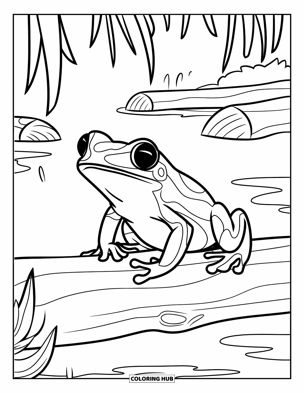 Rainforest Animals Coloring Page for Kids: A poison dart frog sits on a wet log with plants all around