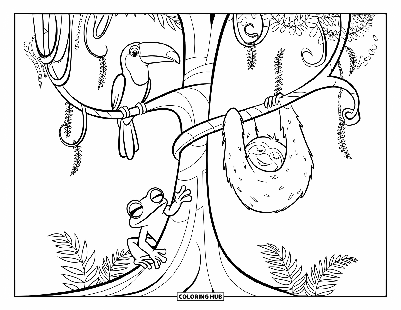 Rainforest Animals Coloring Page for Kids: A sloth dangles from a vine as a frog clings to the tree trunk