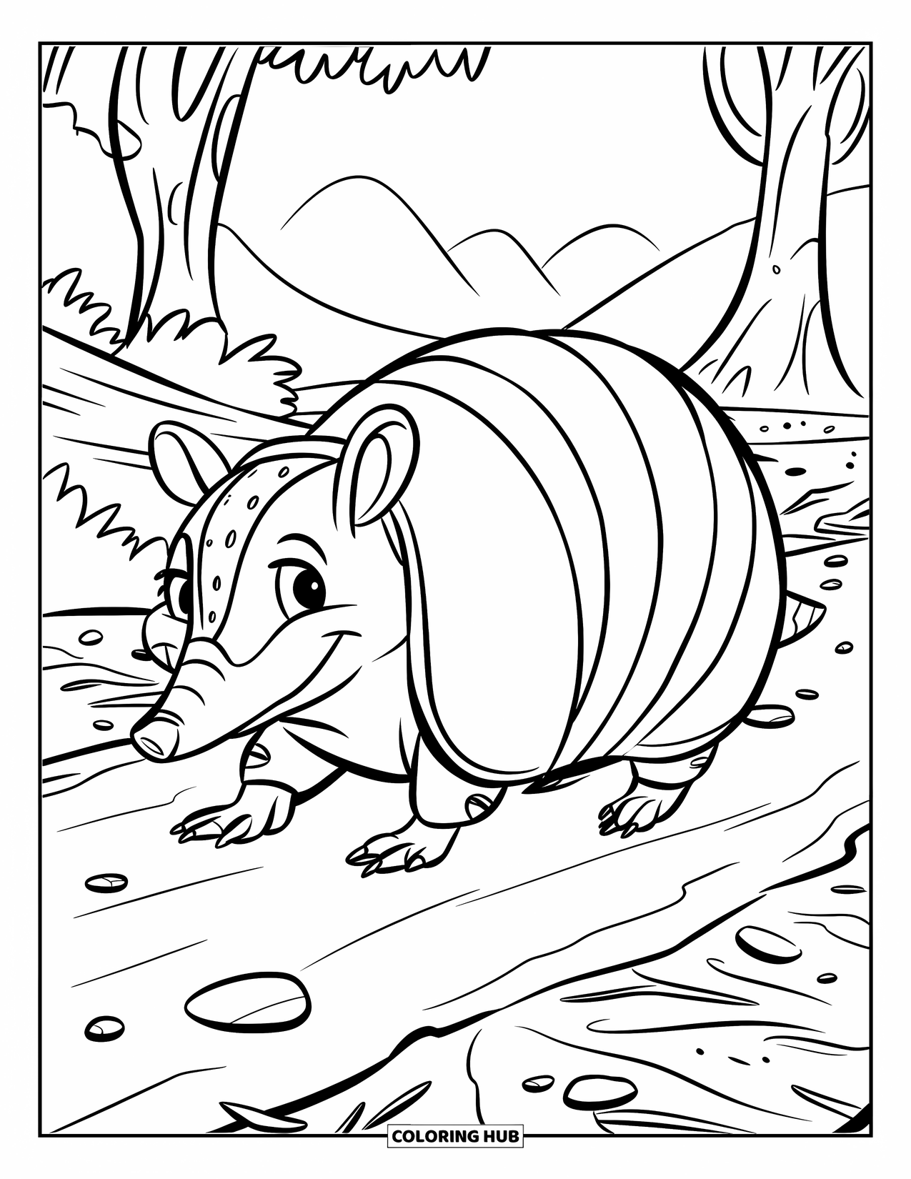 Rainforest Animals Coloring Page for Kids: A smiling armadillo walks along a forest path wearing a little hat