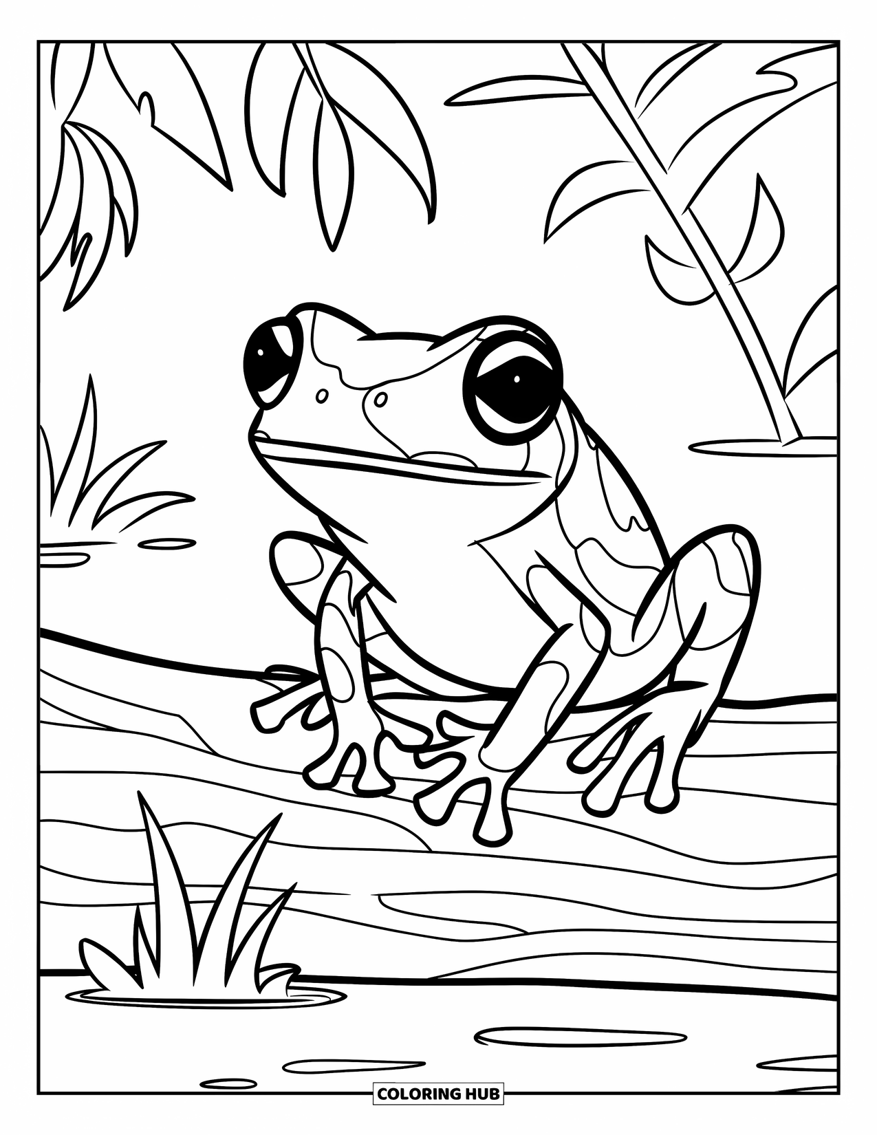 Rainforest Animals Coloring Page for Kids: A smiling frog rests on a log in the jungle
