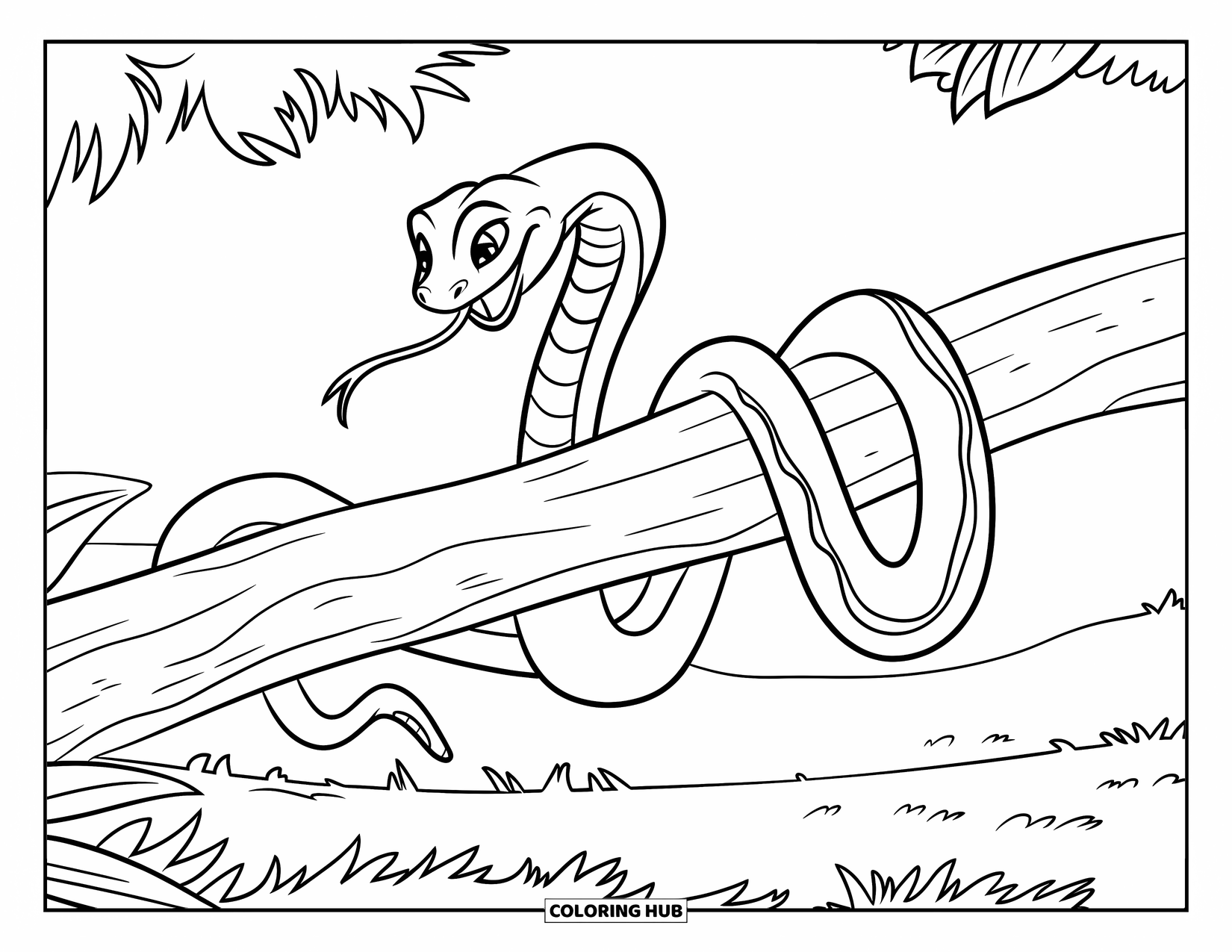 Rainforest Animals Coloring Page for Kids: A snake curls on a thick branch, tongue out, with leaves nearby