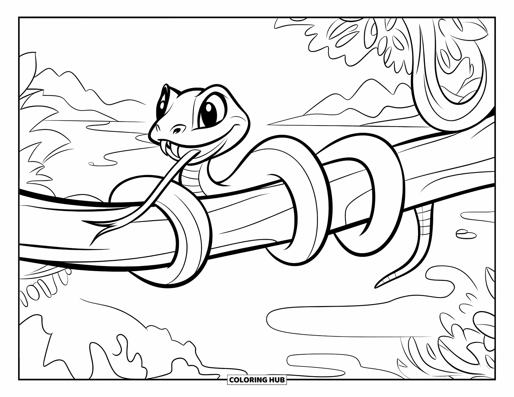 Rainforest Animals Coloring Page for Kids: A snake winds around a branch with its tongue flicking out playfully
