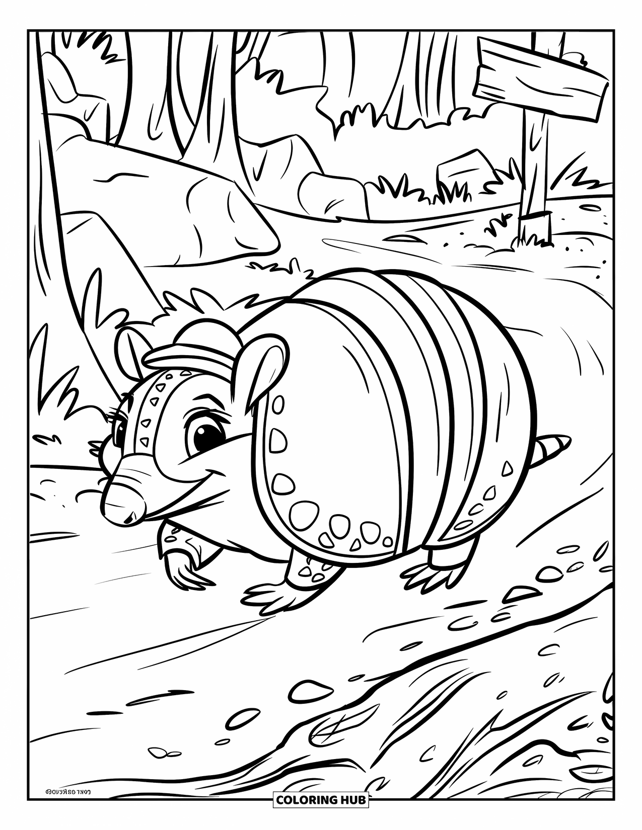 Rainforest Animals Coloring Page for Kids: A tiny-hat armadillo explores a path with rocks, trees, and a wooden sign
