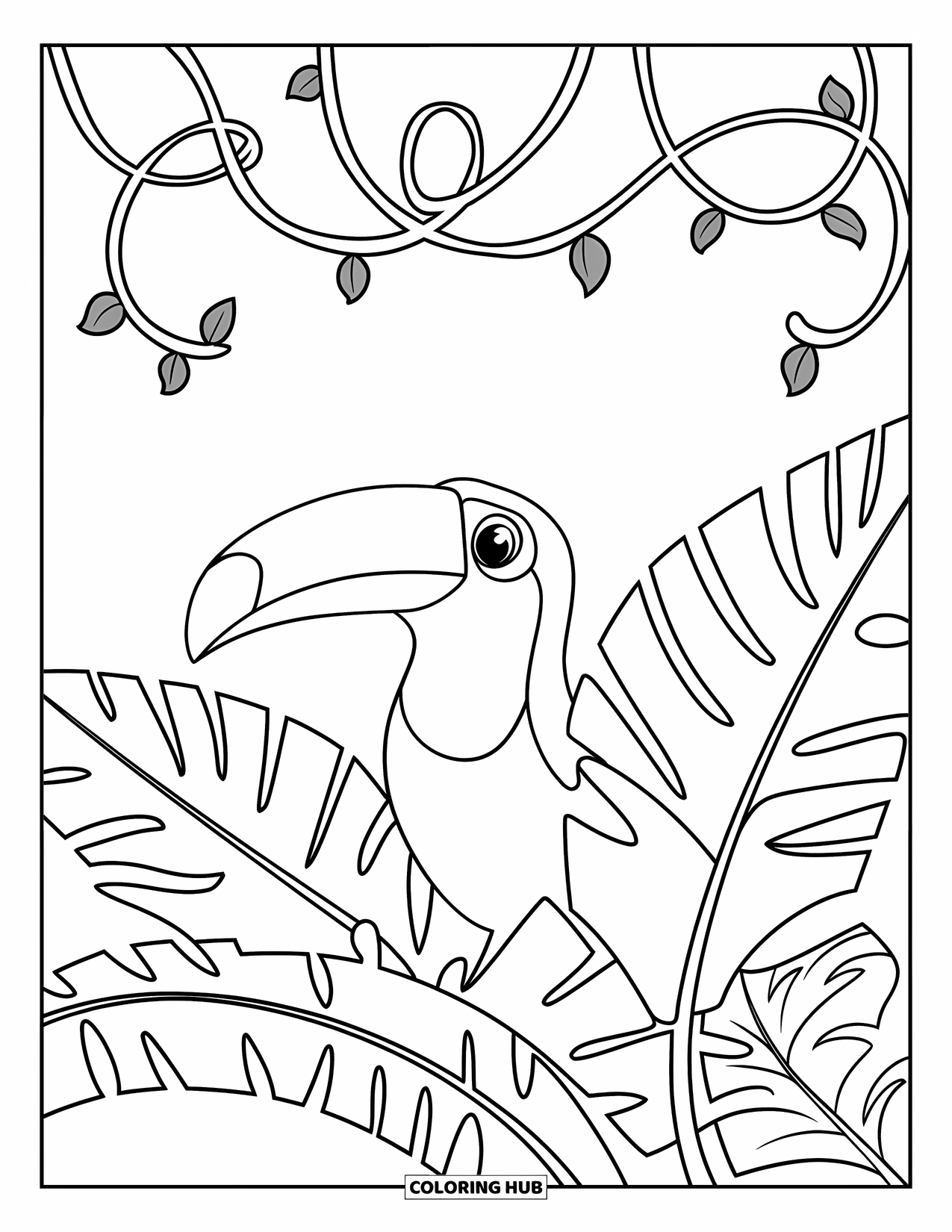 Rainforest Animals Coloring Page for Kids: A toucan peeks from behind big tropical leaves with curling vines above