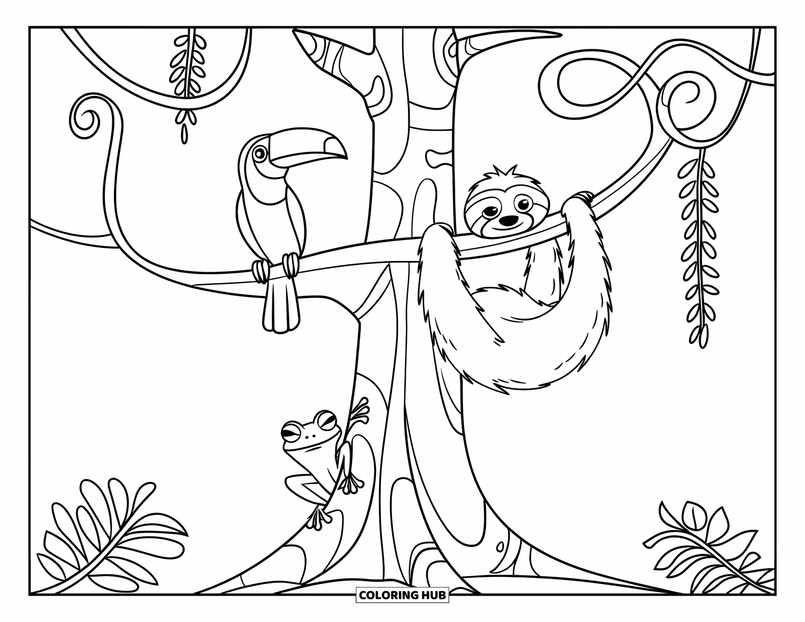 Rainforest Animals Coloring Page for Kids: A toucan perches while a sloth and frog share a cozy tree in the jungle