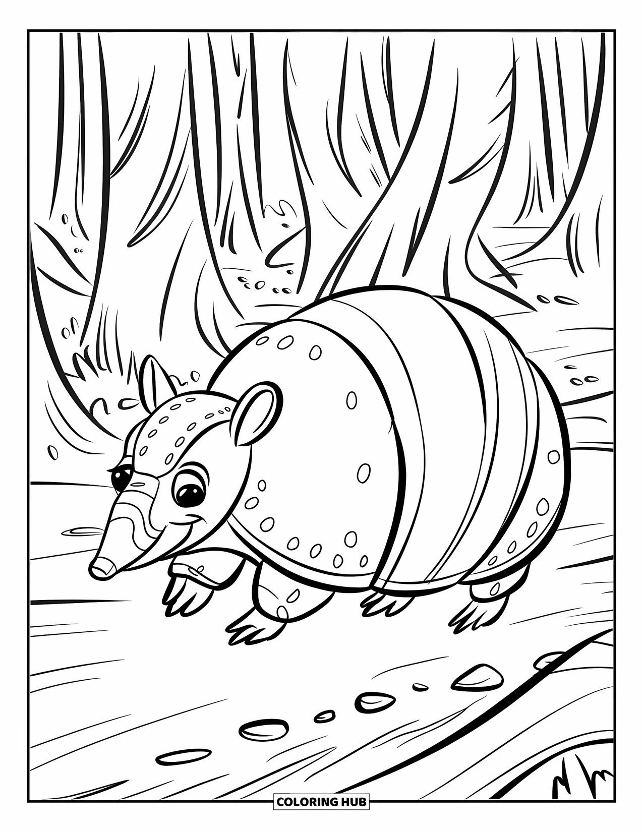 Rainforest Animals Coloring Page for Kids: An armadillo with a sturdy shell walks along a trail under tall trees