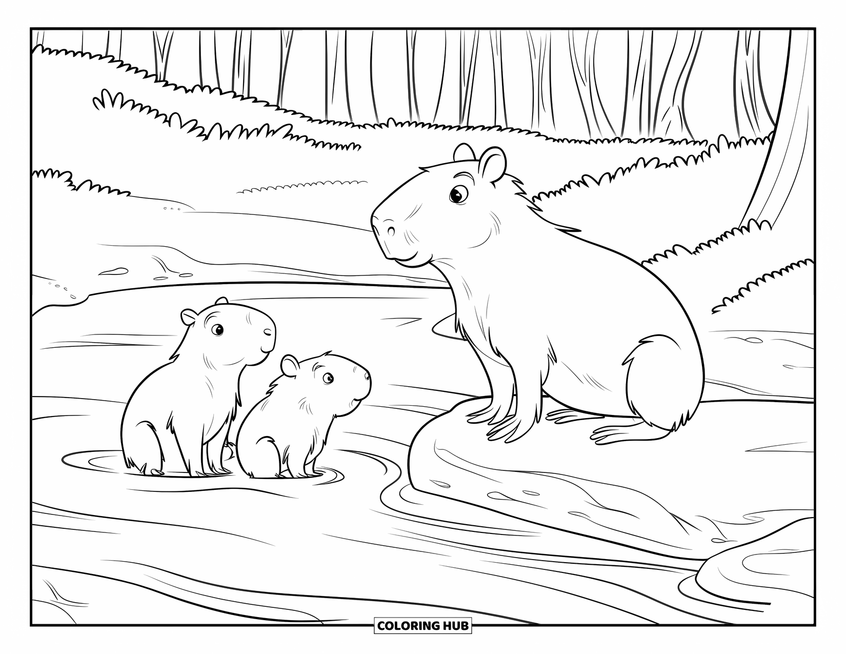 Rainforest Animals Coloring Page for Kids: Capybaras enjoy a peaceful moment by the water in the forest