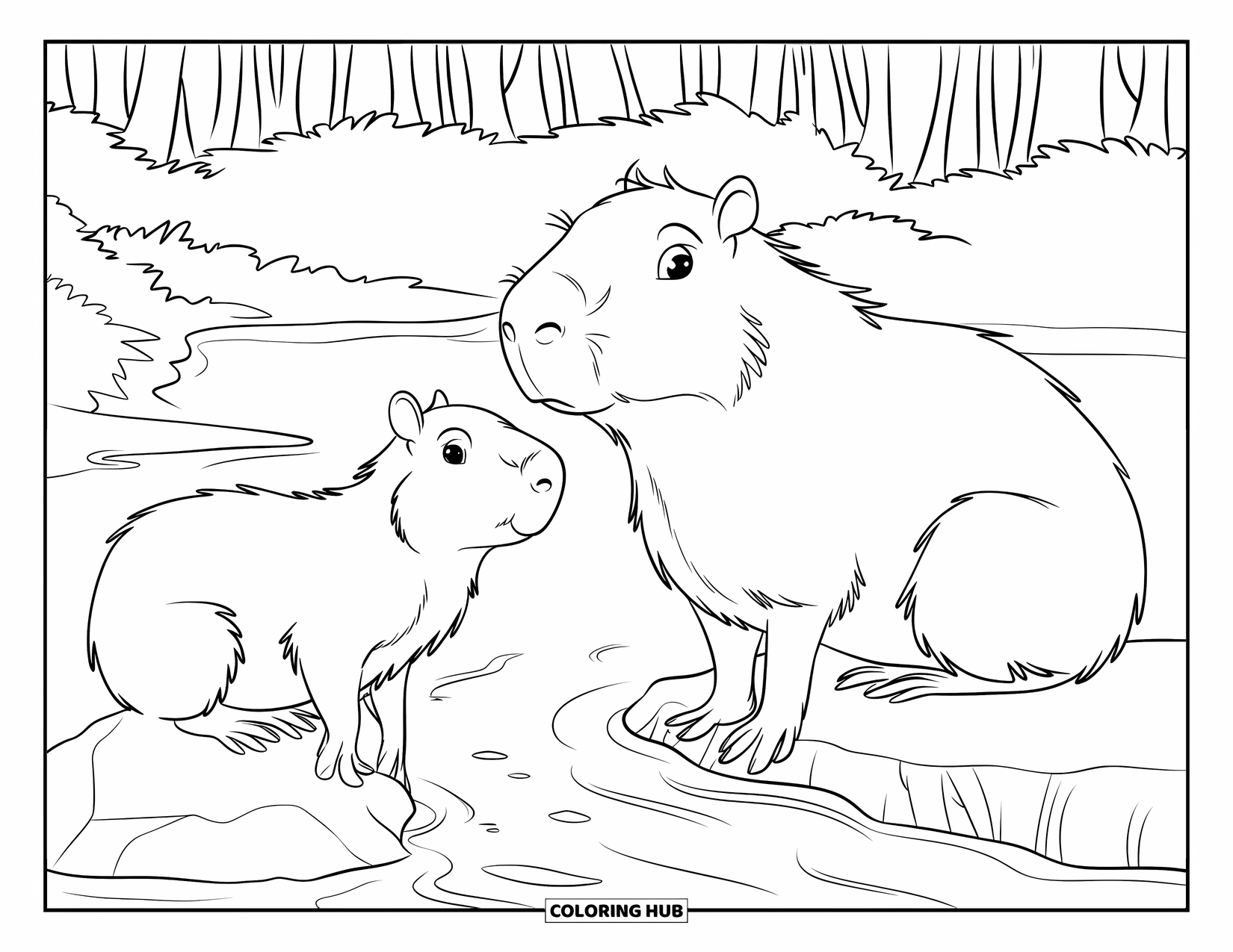 Rainforest Animals Coloring Page for Kids: Capybaras rest quietly on a rock in a stream surrounded by tall trees