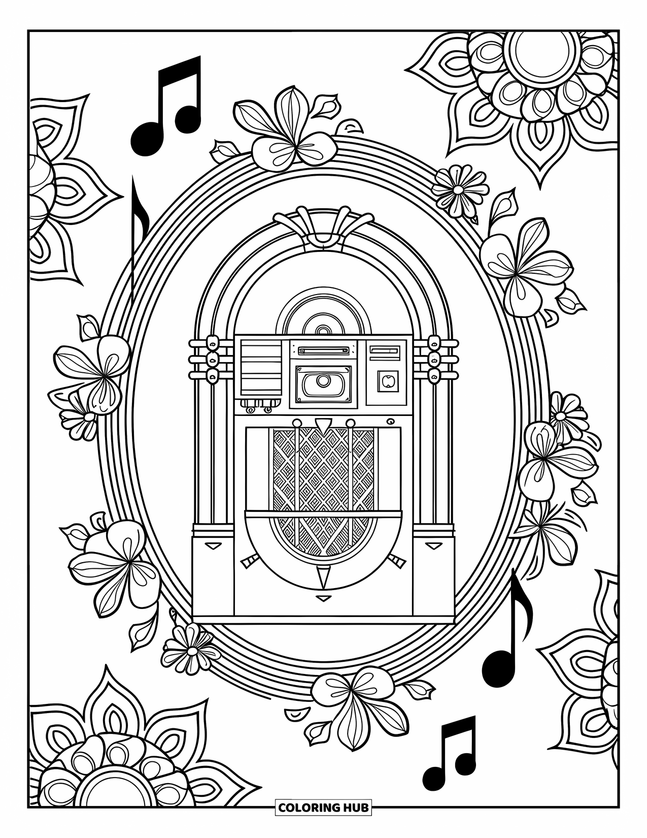 Retro Coloring Page for Adults: A 50s jukebox framed by floral mandalas and music notes