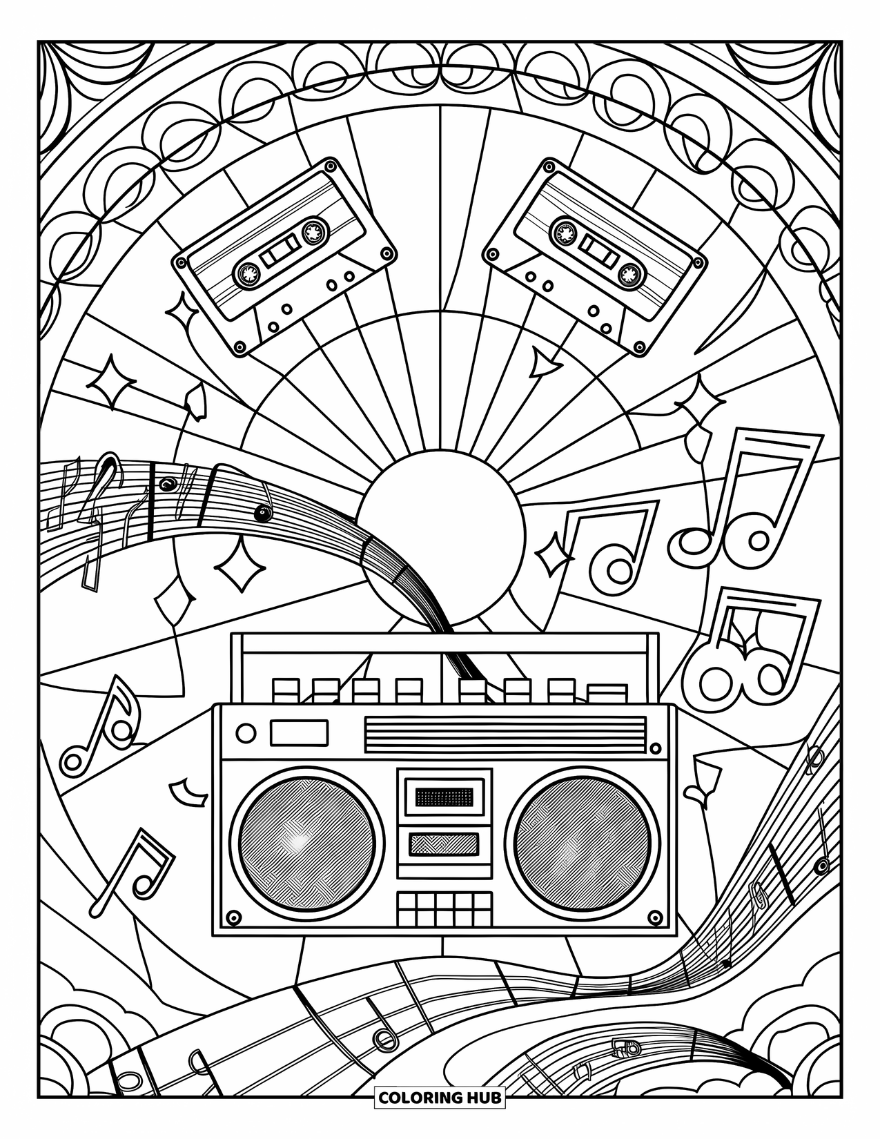 Retro Coloring Page for Adults: A classic boombox playing music amid wave and note designs